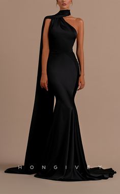 L2105 - Sexy Satin Trumpt High Neck Sleeveless Empire Open Back With S Sleeveless Gown With Sweep Train For Gala, High Neck Gala Dress With Back Opening, Elegant Backless Evening Dress With Sweep Train, Sleeveless Evening Dress With Detachable Train For Gala, Sleeveless Evening Dress With Detachable Train For Prom, Black Evening Gown With Detachable Train, Elegant Backless Evening Dress For Banquet, Backless Evening Gown With Sweep Train, Full Length Evening Dress With Back Opening