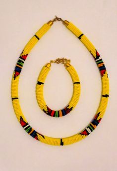 Handmade African Zulu beaded necklace & bracelet set Traditional Yellow Jewelry With Spacer Beads, Yellow Beads For Festivals, Traditional Yellow Beaded Bracelets With Polished Beads, Handmade Yellow Beaded Bracelets For Festivals, Yellow Large Beads For Festivals, Large Yellow Beads For Festivals, Traditional Yellow Beaded Bracelets With Tiny Beads, Yellow Beaded Bracelet Jewelry, Zulu Necklace