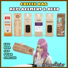 the coffee bag is being held up by a woman with purple hair and pink hair