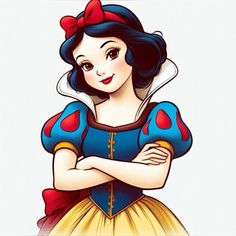 snow white from the disney movie with her arms crossed and wearing a red bow on her head