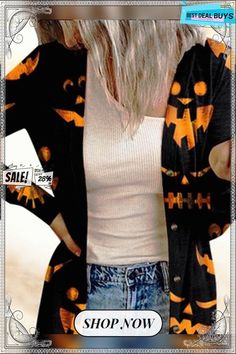 Halloween Printed Long Sleeve Casual Cardigan Halloween Oversized Black Outerwear For Halloween, Witchy Long Sleeve Outerwear For Fall, Black Long Sleeve Witchy Outerwear, Halloween Costume Outerwear With Long Sleeves, Witchy Outerwear For Fall Costume, Witchy Long Sleeve Outerwear For Costume, Witchy Long Sleeve Costume Outerwear, Casual Oversized Outerwear For Halloween, Witchy Long Sleeve Winter Outerwear