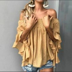 Gorgeous Mustard Blouse Color: Mustard Flare Blouse, Loose Pullover, Elegant Blouses, Trend Fashion, Off The Shoulder Top, Boho Blouses, Online Tops, Off Shoulder Tops, Women's Summer Fashion