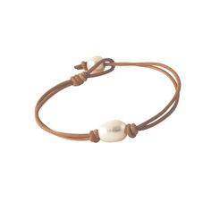 Simple and chic pearl leather string bracelet. Featuring a white pearl at center. made of simulated leather and cultured pearl. Tan strand macrame style bracelet. Interlocks with small pearl at end. Looks great everyday. Measurements: pearl: .40 inch diameter adjustable to 8 inch wrist Material Cultured Freshwater Pearl, Simulated Leather Bracelet Ending Knot, Simple Leather Bracelet, Leather Pearl Jewelry, Macrame Style, Knot Jewelry, Leather Jewellery, Jewelry Knots, Pearl Leather, String Bracelet