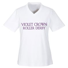 Ladies Violet Crown Roller Derby Performance Tee, available in black with gold print and white with purple print. These tees are personalized with your derby name and number on the back. Made from 100% polyester, these shirts are not only comfortable but also feature odor-resistant and stain-release fabric, and moisture wicking. If you're in San Antonio, you have the option for local pick-up, or else you can choose your preferred shipping method. Please note that these shirts are made to order, Derby Names, Violet Crown, Lady Violet, Roller Derby, Gold Print, San Antonio, Derby, Moisture Wicking, Violet