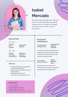 a professional resume with purple and blue colors