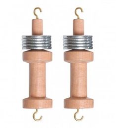 two wooden pegs with metal rings on each end and hooks attached to the ends