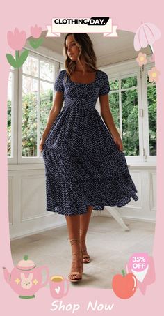 Summer Vacation Tiny Floral Print Short Sleeve Midi Dress Short Sleeve Midi Dress, Midi Short Sleeve Dress, Dresses By Length, Sleeve Midi Dress, Floral Print Shorts, Women's Fashion Dresses, Summer Vacation, Fashion Dresses, Floral Print