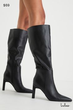 Creating the perfect autumn wardrobe starts with the perfect pair of boots, like the Lulus Olivet Black Pointed-Toe Knee-High Boots! Smooth faux leather shapes these flirty fall boots that feature a classic pointed-toe upper, seaming at the vamp, and a 14.5"" knee-high shaft (with a 15"" circumference and a 9"" zipper at the instep). A sculpted, stiletto heel lends a eye-catching finish! 4" Sculpted Stiletto Heel. Lightly Cushioned Insole. Rubber Sole Has Nonskid Markings. All Man Made Materials. Imported. Lulus | Olivet Black Pointed-Toe Knee-High High Heel Boots. Cold Weather Shoes, Fall Boots, Trendy Boots, Autumn Wardrobe, Black Knee High Boots, Faux Leather Boots, Black Boots Tall, Pointed Toe Boots, Black Heel Boots