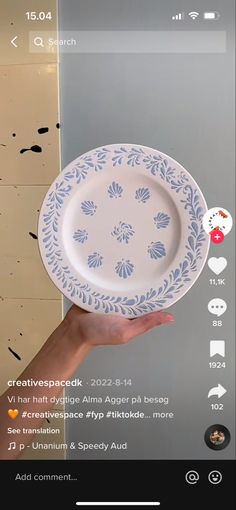 a person holding a white plate with blue designs on it and an instagram page below