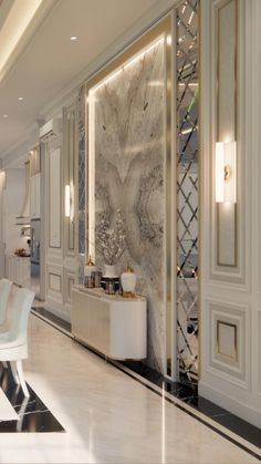 an elegant dining room with marble walls and flooring, along with white chairs and tables