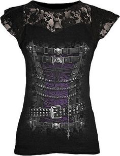 Top Seller for SPIRAL DIRECT Waisted Corset Lace Layered Viscose Ladies/Steam punk/Goth/Top/Tee, Women Tops Fitted Gothic Tops, Gothic Fitted Short Sleeve Top, Fitted Gothic Short Sleeve Tops, Fitted Punk Style Party T-shirt, Fitted Punk Tops For Costume Party, Punk Style Fitted Top For Costume Party, Fitted Punk Style Top For Costume Party, Rocker Fitted Tops For Halloween, Rocker Style Fitted Tops For Halloween