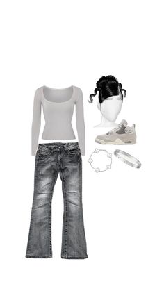 a woman's outfit with jeans, sneakers and a headband is shown in this image