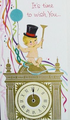 a card with an image of a baby on top of a clock and streamers