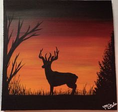 a painting of a deer standing in front of a sunset