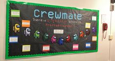 a bulletin board on the wall with information about creumate and other things in it