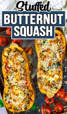 Stuffed butternut squash with a text title overlay. Stuffed Squash Thanksgiving, Rice Stuffed Squash, Double Stuffed Butternut Squash, Green Butternut Squash Recipes, Butternut Spinach And Feta Bake, Vegetarian Stuffed Butternut Squash Recipes, Tofu And Squash Recipe, Butternut Squash Lunch Ideas, What Can I Make With Butternut Squash