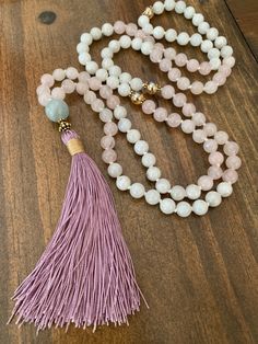 Spiritual Hand Knotted Mala As Gift, Bohemian Hand Wrapped Mala For Meditation, Elegant Hand-strung Mala For Meditation, Elegant Mala With 108 Beads For Meditation, Holistic Meditation Necklace, Meditation Necklace With 108 Beads, 8mm Beads Jewelry For Meditation, White Hand Knotted Spiritual Jewelry, Lotus Moon