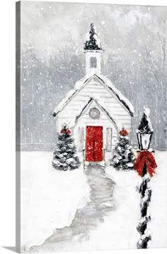 a painting of a church in the snow with red door and christmas wreaths on it