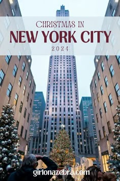 the rockefeller christmas tree in new york city with text overlay that reads christmas in new york city