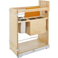 a kitchen cabinet with the door open and an orange seat on it's bottom shelf