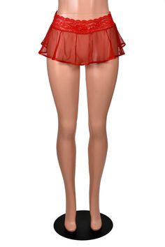 Mannequin wearing 9" long red mesh flared micro mini skirt. Skirt has a red lace waistband with scalloped edge. Sheer Mesh Mini Skirt, Mesh Mini Skirt For Night Out, Fitted Mesh Mini Length Bottoms, Fitted Mesh Mini Skirt For Night Out, Red Stretch Mini Length Skort, Red Stretch Mini Skort, Red Stretch Skort Mini Length, Red Fitted Mesh Bottoms, Red Stretch Mini Length Bottoms