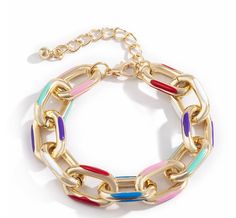 ❤️ Statement gold link bracelet gold plated 18K.  The bracelet is made of interlocking circle rings with a thin coat of colorful enamel.   Perfect on its own as a  great statement piece on or layered.  Check out my other listings of stacking options ❤️ Jewelry Preppy, The Bangles, Bracelet Couple, Vintage Rainbow, Gold Plated Bracelets, Charm Bangle, Travel Jewelry, Colorful Bracelets, Metal Bracelets