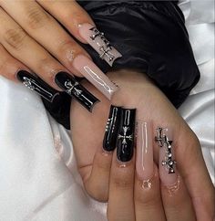 Black French Tip Nail, Paznokcie Hello Kitty, French Tip Nail Art, Black French Tip, Cross Nails, Nails Y2k, Punk Nails, Grunge Nails, Colored Acrylic Nails