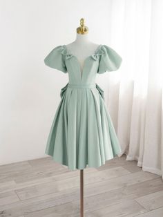 A-Line Green Puffy Sleeve Short Prom Dress Outfits For Girls Two Piece Bridesmaid Dresses, Flowy Prom Dresses, Prom Dress Green, Wedding Dress Detachable Skirt, Puffy Prom Dresses, Green Formal Dress, Country Bridesmaid Dresses, Tight Prom Dresses, Summer Bridesmaid Dresses