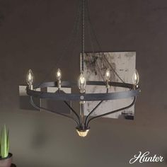 a chandelier with five lights hanging from it's center and two potted plants on the other side