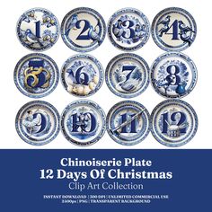 twelve blue and white plates with numbers in the shape of christmas decorations, all on one plate