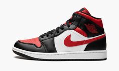 The Air Jordan 1 Mid “Bred Toe” is a colorway of the lifestyle shoe that features the white, black, and red team uniform colors of the Chicago Bulls on its design.  Inspired by the original Air Jordan 1 High “Black Toe” colorway that Michael Jordan wore with the Bulls in 1985, the modern day “Bred Toe” version of the Jordan 1 Mid updates the classic style, and it does so with ease.  Red leather appears on the perforated toe while contrasting black leather can be found on the toe cap, forefoot, e Zapatillas Nike Air Force, Logo Wings, Red Wing Logo, White Forces, Shoe List, Air Jordan 1 Mid White, Air Jordan 1 Mid Black, Bmx Street, Gifts For Teenagers