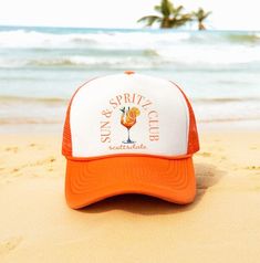 Spritz Trucker hats. Birthday or Bachelorette favors! The colors can be chosen at checkout! Brim and Mesh hat will feature the chosen color. Adjustable 6 panel features an adjustable plastic strap!  One size fits most! No returns or exchanges But please contact me if you have any problems with your order! Orange Baseball Cap For Beach, Fun Orange Adjustable Hat, Orange Baseball Cap With Curved Brim For Beach, Orange Summer Trucker Baseball Cap, Orange Curved Brim Baseball Cap For Beach, Adjustable Orange Trucker Hat For Beach, Orange Cap For Vacation, Orange Snapback Trucker Hat For Summer, Retro Orange Adjustable Trucker Hat