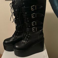 Nwot Black Platform Buckle Lace & Zipper Boots Size 8 From Non-Smoking Home Buy Two Or More Items For My Closet And Get A 20% Discount Black Platform Boots For Fall Concerts, Casual Platform Boots For Fall Concert, Casual Fall Platform Boots For Concert, Fall Platform Boots For Concerts, Black Boots For Spring Concerts, Casual Fall Concert Platform Boots, Black Punk Style Platform Boots With Zipper, Black Punk Style Wedge Boots For Winter, Black Combat Boots For Fall Concerts