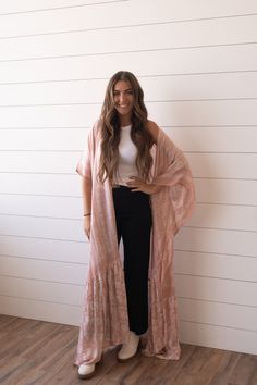 One size floor length Pink Bohemian Maxi Kimono, Flowy Maxi Dress With Kimono Sleeves, Bohemian Floor-length Kimono For Spring, Spring Bohemian Floor-length Kimono, Bohemian Floor-length Spring Kimono, Pink Maxi Length Kimono For Spring, Pink Flowy Kimono With Kimono Sleeves, Long Pink Kimono For Festival, Pink Long Kimono For Festival