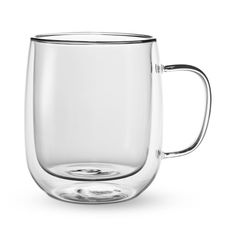 a clear glass mug with a handle on the inside and bottom, sitting in front of a white background