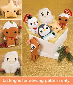 several pictures of stuffed animals in a box with christmas decorations on the top and bottom