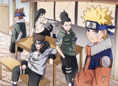 the naruto family is sitting at a table with their backs to each other