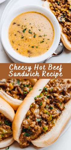 two hot dogs on buns next to a bowl of cheesey hot beef sandwich recipe