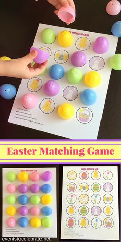 an easter matching game for kids to play on the table with eggs and candies