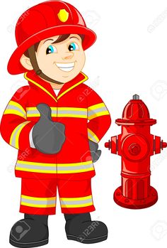 cartoon fireman standing next to a red fire hydrant with his thumb up and thumbs up