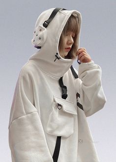 This hooded jacket is the latest design of Heavy Industry in 2022, and the redesigned brand logo has a more Warcore feel. Astronaut Inspired Fashion, Astronaut Inspired Outfit, Urban White Hooded Jacket With Double-lined Hood, White Hooded Outerwear, Trendy White Hooded Jacket For Streetwear, White Techwear Outerwear With Double-lined Hood, Techwear Fleece Hoodie With Pockets, White Hooded Techwear Outerwear, White Fleece Outerwear With Drawstring Hood