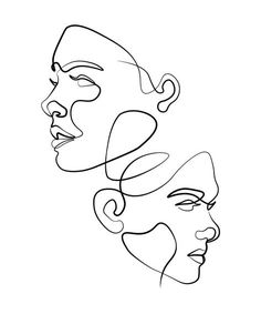 two faces are shown in black and white, one is drawn with lines on the face