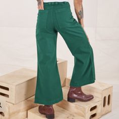 Hunter Green Bell Bottoms, L, Look At The Sizing Chart As They Were Too Big On Me, I Should Have Gone With Medium And I Couldn't Exchange. So Think Of This L As An Xl Or If You Are An L With Hips And Bum It Would Fit Great. They Are Sooooo Amazing And I Am Bummed I Didn't Buy The Right Size. The Green Is In Fact The Color In The Second Picture So A Tad Darker But I Had No Light In The Picture I Was In Which Is Why It Looks Super Dark. Bell Bottoms Have A High Waist And Elastic At The Back Of The Big Bud Press, Retro Jeans, Super Dark, No Light, Bell Bottom Pants, Ankle Length Pants, Bell Bottom, Back Patch, Wide Leg Denim