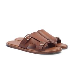 Classic Calf Leather Sandals With Buckle, Classic Calf Leather Sandals With Buckle Closure, Calf Leather Double Strap Sandals With Buckle, Calf Leather Double Strap Sandals With Buckle Closure, Double Strap Calf Leather Sandals With Buckle Closure, Classic Sandals With Tang Buckle In Calf Leather, Classic Leather Sandals With Rectangular Buckle, Luxury Open Toe Slides With Tang Buckle, Luxury Leather Slides With Tang Buckle