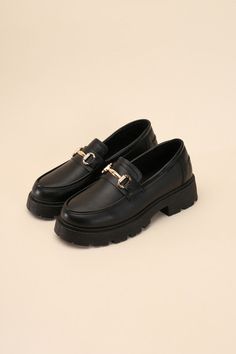 A blend of sophistication and comfort for your footwear collection. These loafers feature a classic horse-bit detail and a platform sole, combining timeless style with a trendy lift. The loafer design offers a polished look that's suitable for both casual and dressy occasions. Toe: Closed, round Heel shape: Platform, flat Material: Synthetic Imported Heel Height: 1.5" Care Instructions: Use a soft cloth and a little lukewarm water to clean the footwear after use. If necessary, add a small amount Black Classic Shoes Woman, Formal Footwear For Women Office, Flat Formal Shoes, Fall Sneakers Outfit, Corporate Shoes, Close Shoes, Sophisticated Shoes, Closed Shoes, Fall Sneakers