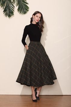 Dark Green Grid Wool Skirt Long Woolen Wool Party Skirt | Etsy Fall Long Skirt Lined Dress, Long Lined Skirt Dress For Fall, Black Winter Dresses With Lined Skirt, Black Winter Dress With Lined Skirt, Winter Black Dresses With Lined Skirt, Winter Dress With Long Pleated Skirt, Winter Fitted Dress With Flared Skirt, Black Lined Winter Dress, Winter Long Pleated Dress