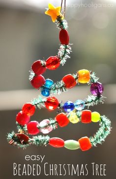 an easy beaded christmas tree ornament made with beads and colored glass beads