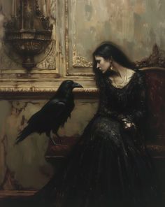 a painting of a woman sitting on a bench next to a black bird in front of a mirror