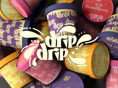 many different colored cups with the word drip on them and some type of lettering above it