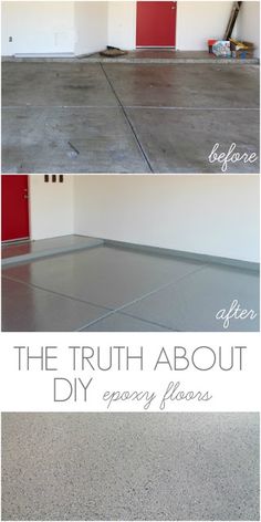 before and after photos of a garage floor that has been polished with gray flakes